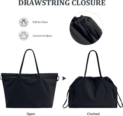 Nylon Tote Bag for Women Versatile Drawstring Shoulder Bag Work Travel Tote Handbag with Easy Carry Handles