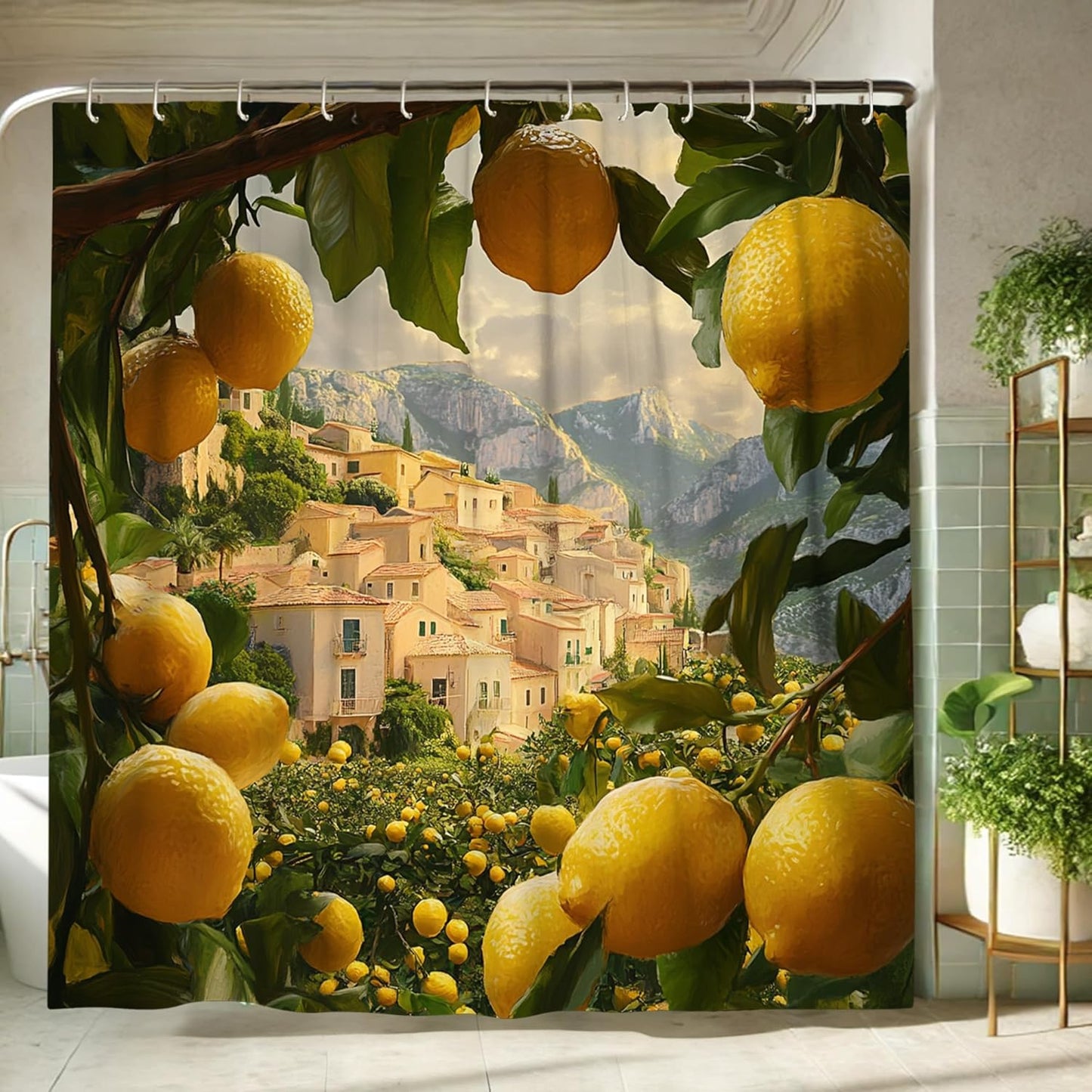 Lemon Shower Curtain, Vibrant Yellow Citrus Bath Curtain for Bathroom Decor, Summer Fresh Modern Tropical Style Waterproof Fabric Shower Curtain Set with Hooks 62x72 Inch