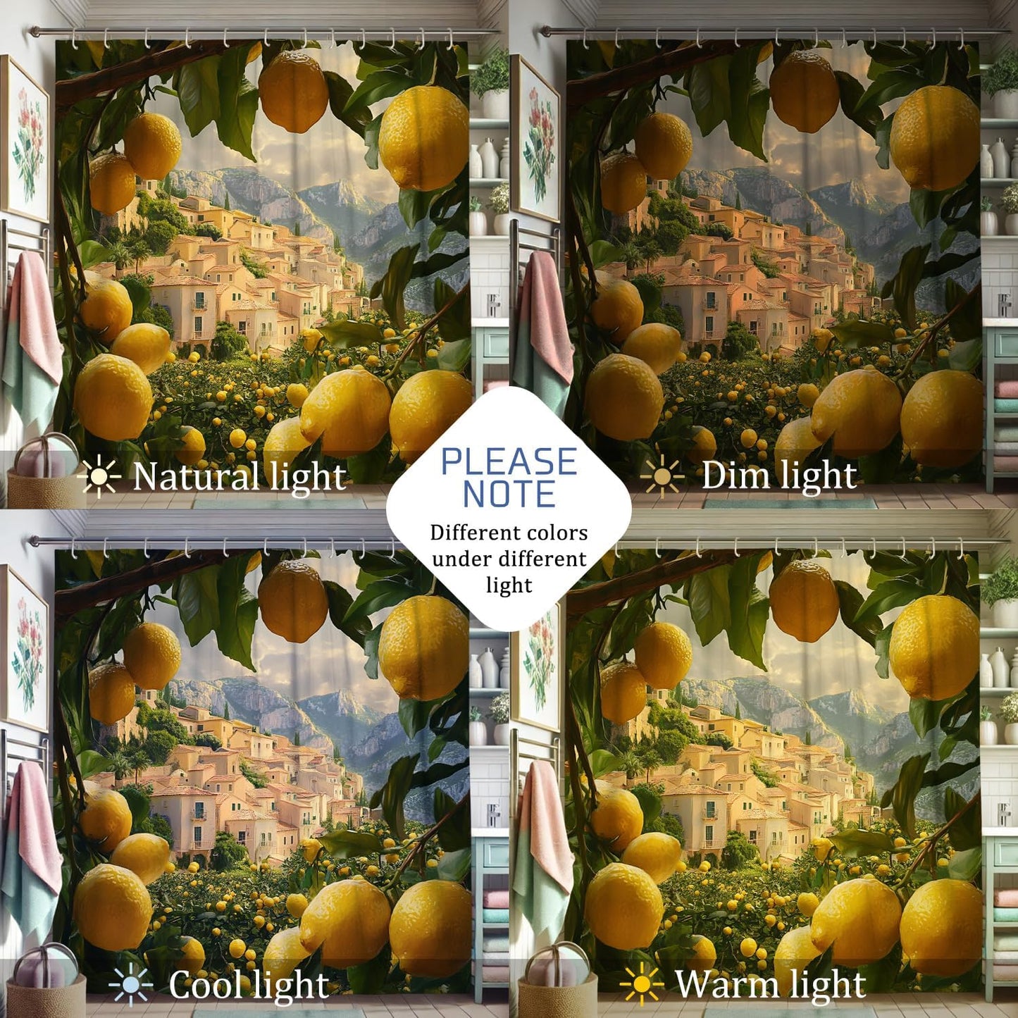 Lemon Shower Curtain, Vibrant Yellow Citrus Bath Curtain for Bathroom Decor, Summer Fresh Modern Tropical Style Waterproof Fabric Shower Curtain Set with Hooks 62x72 Inch