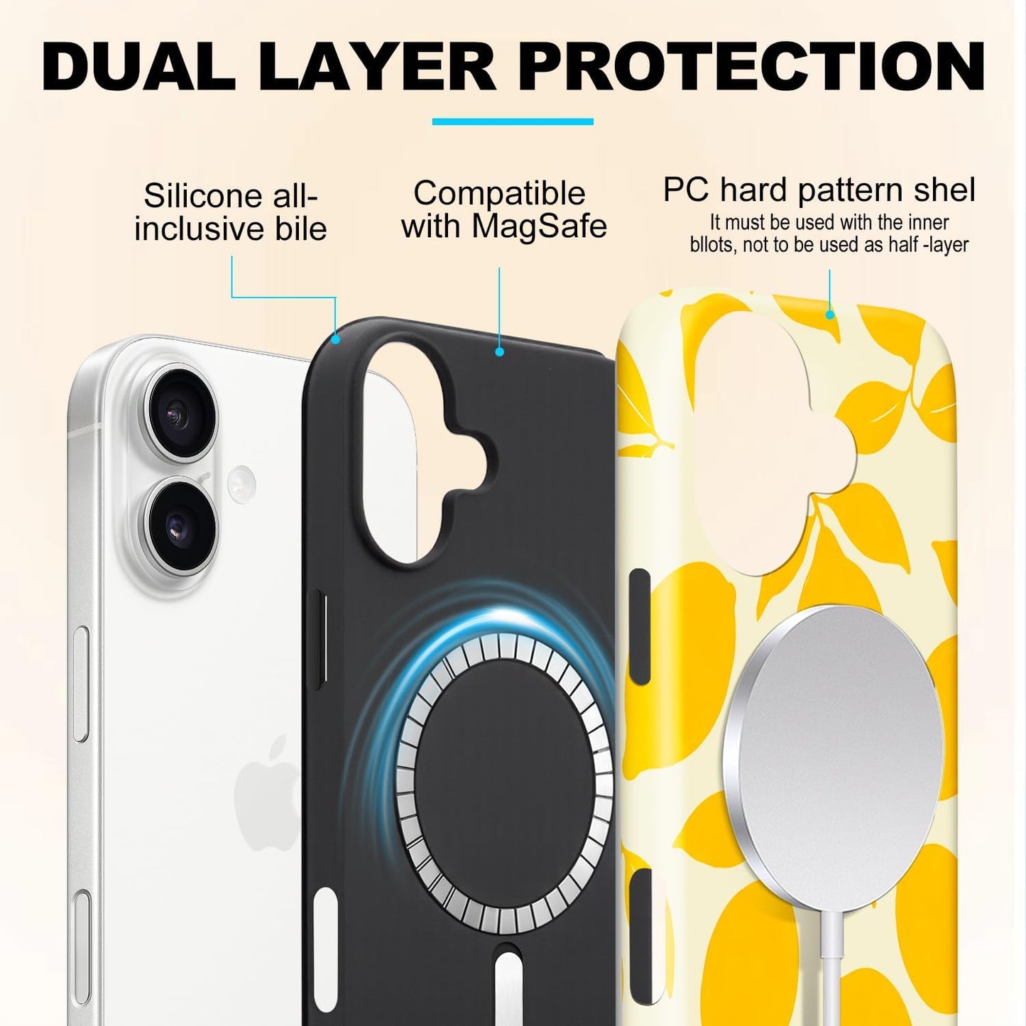 Magnetic for iPhone 16 Case Cute Phone Case, Lemon | Fruit Fresh Summer Shockproof TPU + Hard PC Protective Phone Cover Compatible with MagSafe Gift for Women Girl Boy