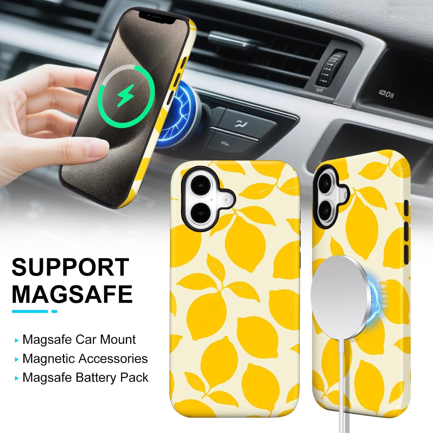Magnetic for iPhone 16 Case Cute Phone Case, Lemon | Fruit Fresh Summer Shockproof TPU + Hard PC Protective Phone Cover Compatible with MagSafe Gift for Women Girl Boy