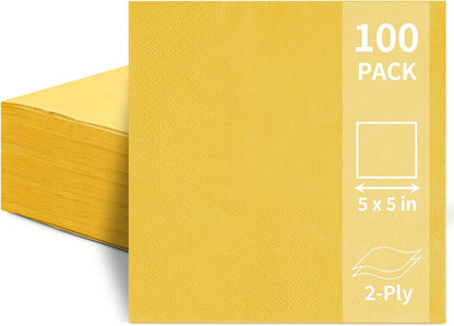 100 Pack Cocktail Napkins, 2-Ply 5x5 Inch Beverage Napkins, Square Edged Disposable Paper Napkins for Wedding, Birthday Party, Dinner, Coffee Bar (Yellow)