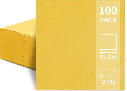 100 Pack Cocktail Napkins, 2-Ply 5x5 Inch Beverage Napkins, Square Edged Disposable Paper Napkins for Wedding, Birthday Party, Dinner, Coffee Bar (Yellow)