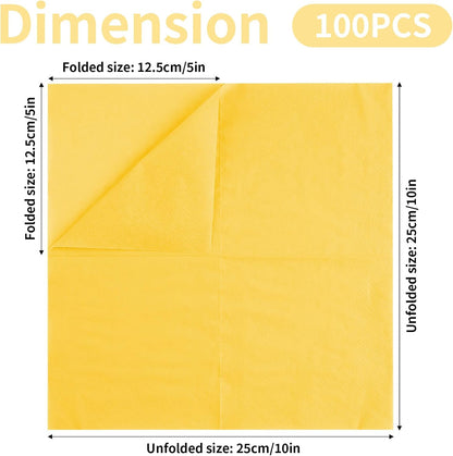 100 Pack Cocktail Napkins, 2-Ply 5x5 Inch Beverage Napkins, Square Edged Disposable Paper Napkins for Wedding, Birthday Party, Dinner, Coffee Bar (Yellow)