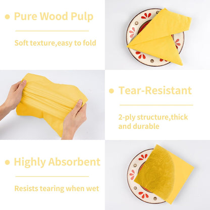 100 Pack Cocktail Napkins, 2-Ply 5x5 Inch Beverage Napkins, Square Edged Disposable Paper Napkins for Wedding, Birthday Party, Dinner, Coffee Bar (Yellow)
