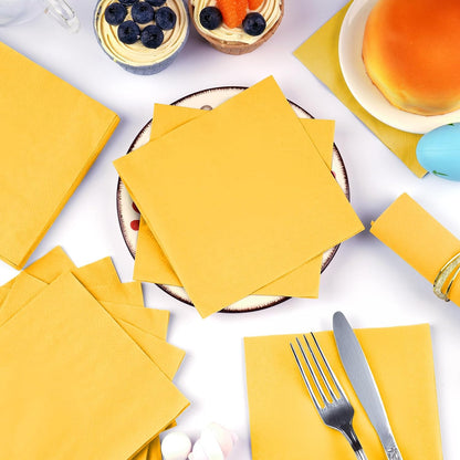100 Pack Cocktail Napkins, 2-Ply 5x5 Inch Beverage Napkins, Square Edged Disposable Paper Napkins for Wedding, Birthday Party, Dinner, Coffee Bar (Yellow)