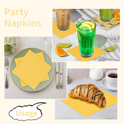 100 Pack Cocktail Napkins, 2-Ply 5x5 Inch Beverage Napkins, Square Edged Disposable Paper Napkins for Wedding, Birthday Party, Dinner, Coffee Bar (Yellow)