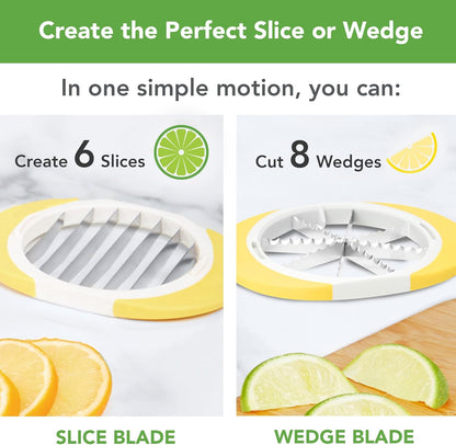 Citrus Slicer and Wedger Tool for Lemons Limes Oranges,Dual Blade Premium Cutter Creates 8 Wedges 6 Slices, Anti-Slip Base, Stainless Steel, BPA-Free Dishwasher Safe