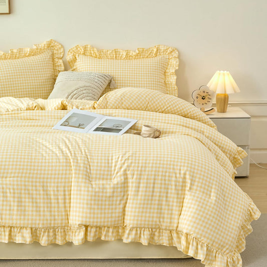 Checkered Comforter Set Full Size 5 Pcs Gingham Ruffle Bed in a Bag Farmhouse Vintage Yellow Grid Bedding Set Soft Lightweight Bed Set with Sheets (Yellow Gingham, Full)