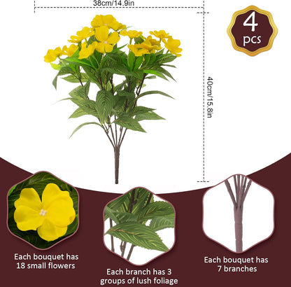 Daynight 4 Pcs Artificial Impatiens Flowers for Outdoor Flowers UV Resistant Faux Yellow Flowers Impatiens Bushes Silk Artificial Flowers Bouquet for Patio Garden Porch Decor (4, Yellow)