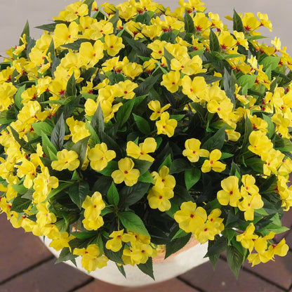 Daynight 4 Pcs Artificial Impatiens Flowers for Outdoor Flowers UV Resistant Faux Yellow Flowers Impatiens Bushes Silk Artificial Flowers Bouquet for Patio Garden Porch Decor (4, Yellow)