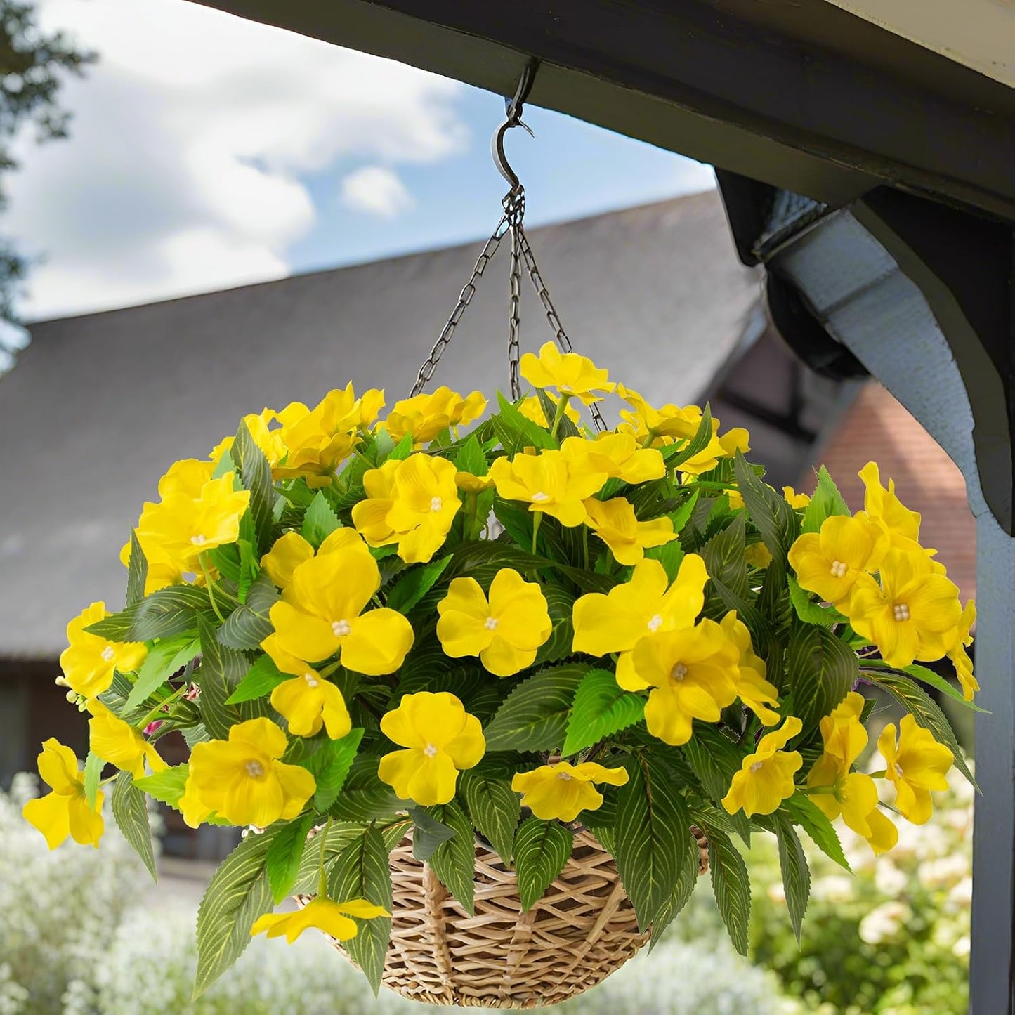 Daynight 4 Pcs Artificial Impatiens Flowers for Outdoor Flowers UV Resistant Faux Yellow Flowers Impatiens Bushes Silk Artificial Flowers Bouquet for Patio Garden Porch Decor (4, Yellow)
