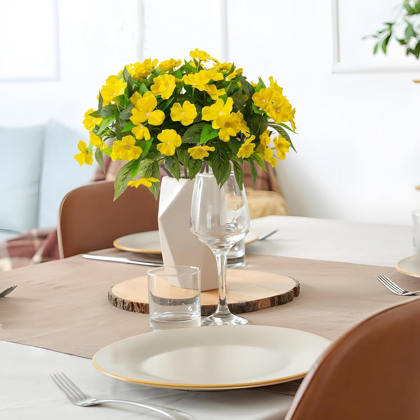 Daynight 4 Pcs Artificial Impatiens Flowers for Outdoor Flowers UV Resistant Faux Yellow Flowers Impatiens Bushes Silk Artificial Flowers Bouquet for Patio Garden Porch Decor (4, Yellow)