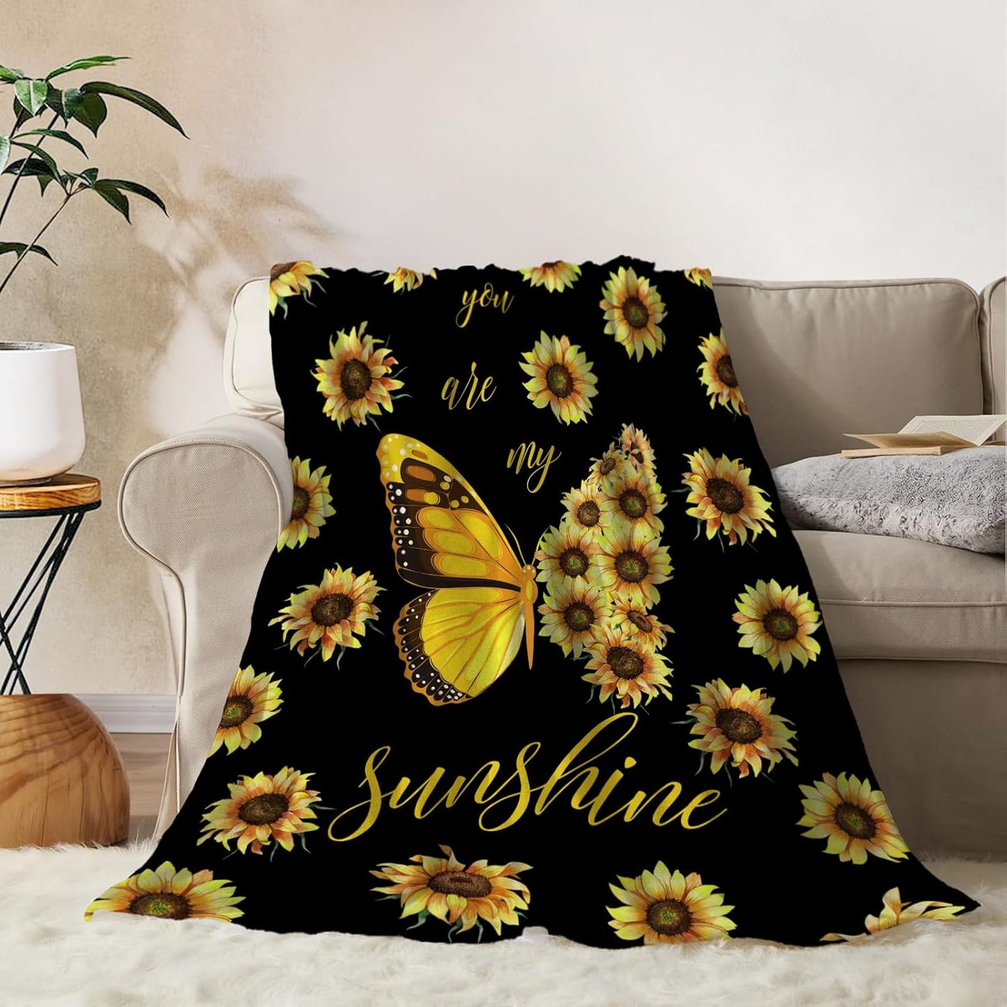 Sunflower Throw Blanket Yellow Floral Butterfly Throw Blanket for Couch Sofa Bed Soft Gift for Women Fuzzy Plush Fleece Blankets Black Spring Summer Flower Decorations Blanket 50x60