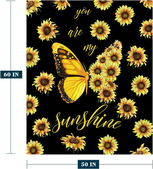 Sunflower Throw Blanket Yellow Floral Butterfly Throw Blanket for Couch Sofa Bed Soft Gift for Women Fuzzy Plush Fleece Blankets Black Spring Summer Flower Decorations Blanket 50x60