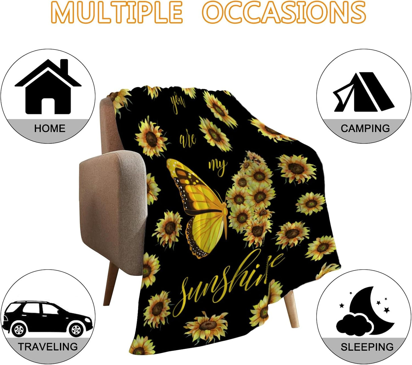 Sunflower Throw Blanket Yellow Floral Butterfly Throw Blanket for Couch Sofa Bed Soft Gift for Women Fuzzy Plush Fleece Blankets Black Spring Summer Flower Decorations Blanket 50x60