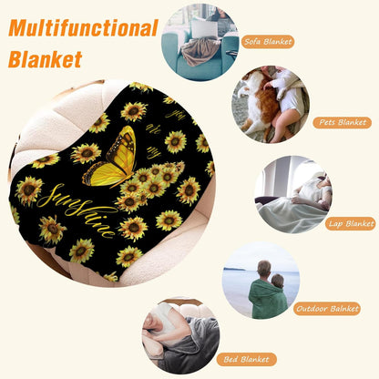 Sunflower Throw Blanket Yellow Floral Butterfly Throw Blanket for Couch Sofa Bed Soft Gift for Women Fuzzy Plush Fleece Blankets Black Spring Summer Flower Decorations Blanket 50x60