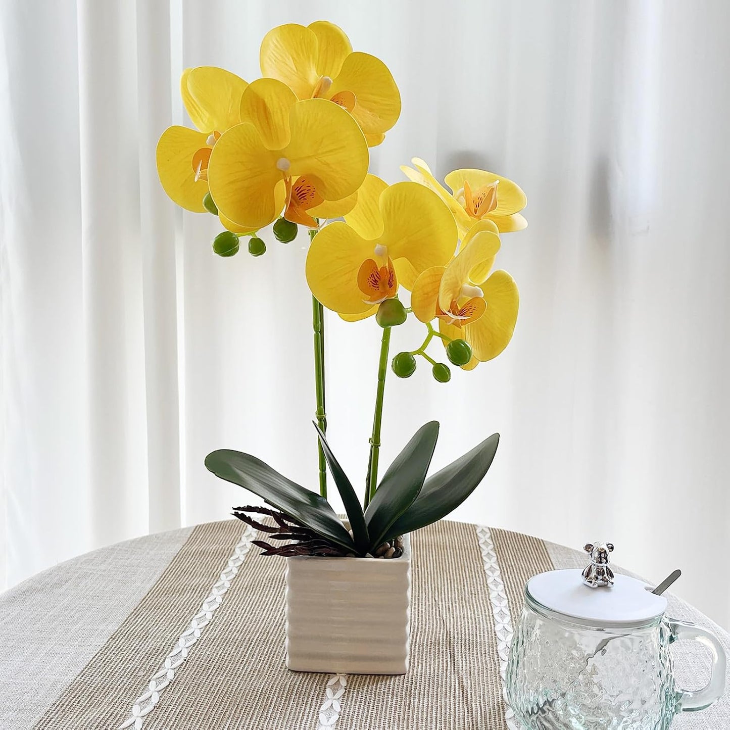 Artificial Orchids for Home Decor Indoor with Vase Orchids Artificial Flowers Yellow Orchid Height 14 inches