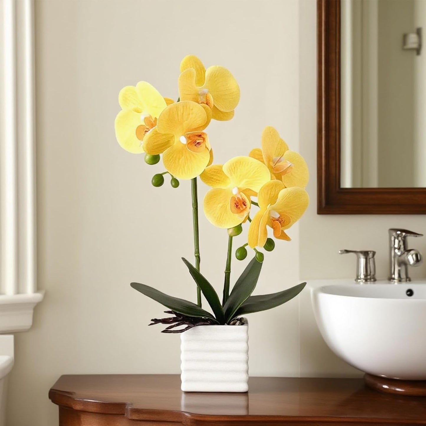 Artificial Orchids for Home Decor Indoor with Vase Orchids Artificial Flowers Yellow Orchid Height 14 inches
