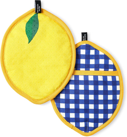 Lemon Party and Spring Gingham Pot Holder 2-Pack Set, Heat Resistant, 100% Cotton, Navy Blue/Yellow, 7"x10"