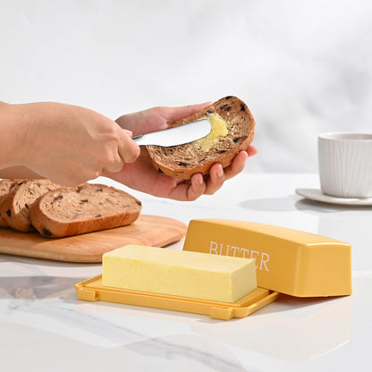 Butter Tray With Cover And Knife,Food Grade Plastic Butter Dishes With Lid And Stainless Steel Cheese Knife For Countertop,Yellow Cheese Storage Container