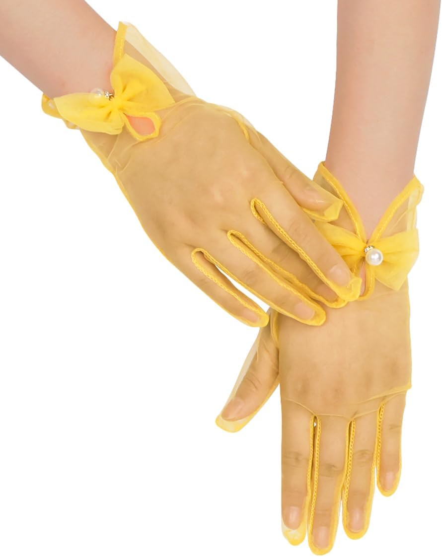 Women Bow Tulle Gloves with Pearls Short Mesh Tea Party Gloves Wedding Bridal Prom Formal Accessories