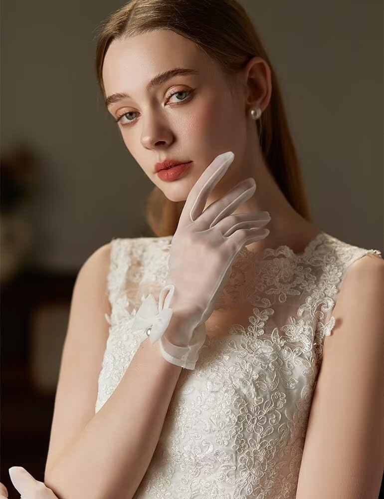 Women Bow Tulle Gloves with Pearls Short Mesh Tea Party Gloves Wedding Bridal Prom Formal Accessories