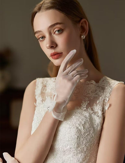 Women Bow Tulle Gloves with Pearls Short Mesh Tea Party Gloves Wedding Bridal Prom Formal Accessories