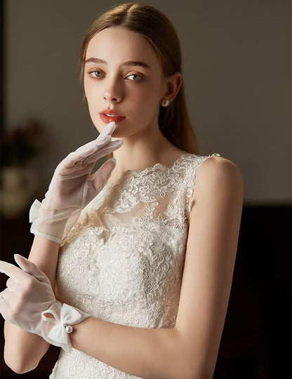 Women Bow Tulle Gloves with Pearls Short Mesh Tea Party Gloves Wedding Bridal Prom Formal Accessories