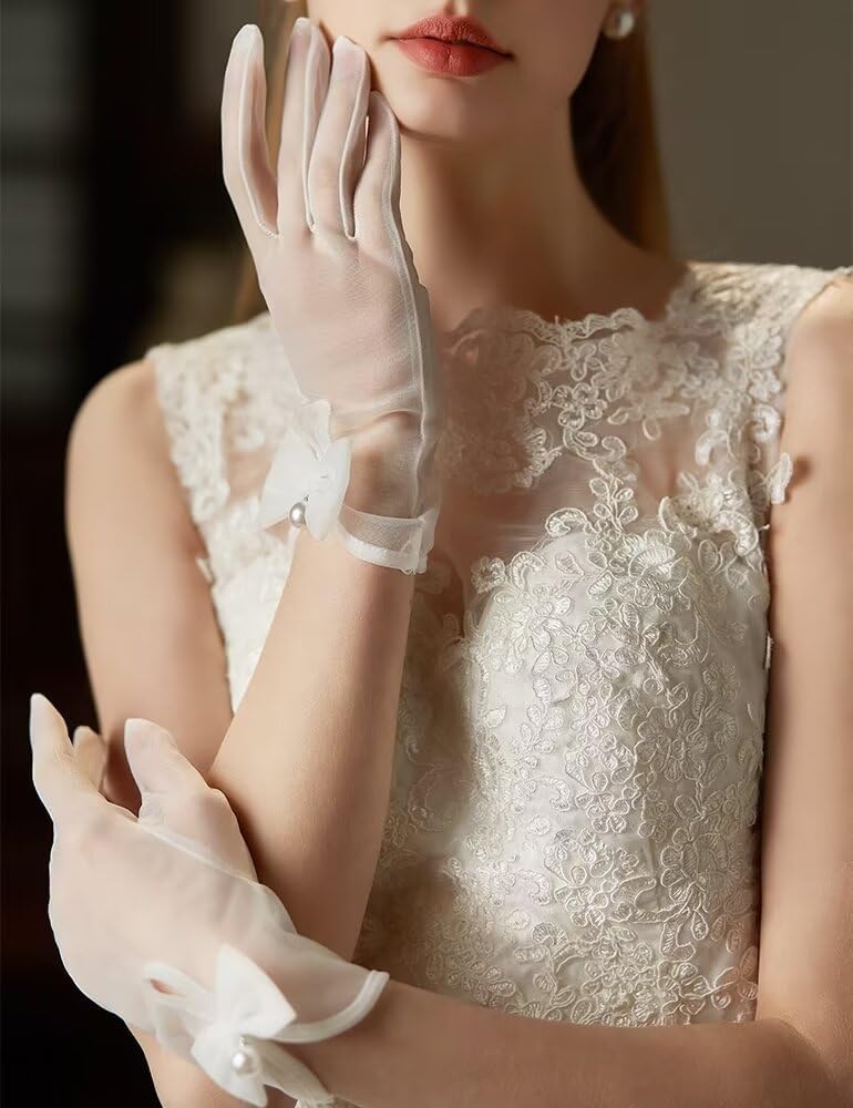 Women Bow Tulle Gloves with Pearls Short Mesh Tea Party Gloves Wedding Bridal Prom Formal Accessories