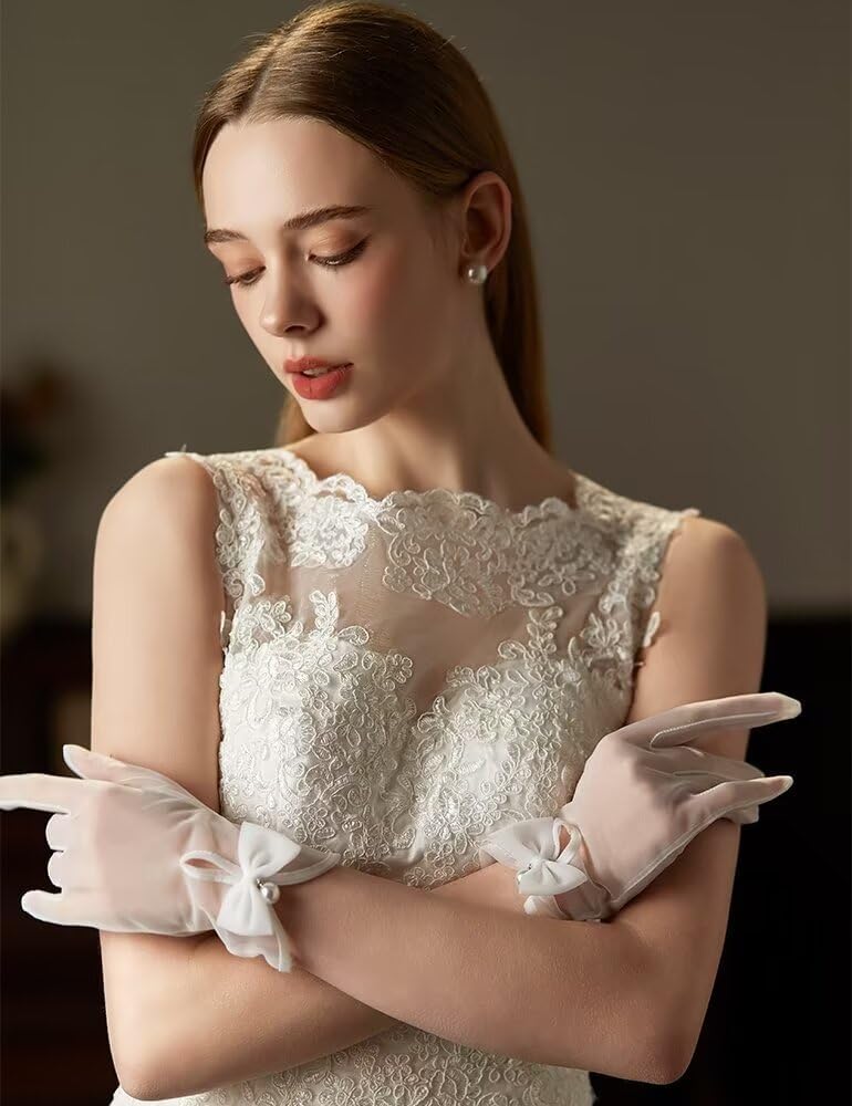 Women Bow Tulle Gloves with Pearls Short Mesh Tea Party Gloves Wedding Bridal Prom Formal Accessories