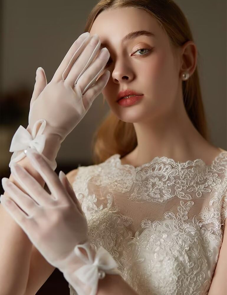 Women Bow Tulle Gloves with Pearls Short Mesh Tea Party Gloves Wedding Bridal Prom Formal Accessories