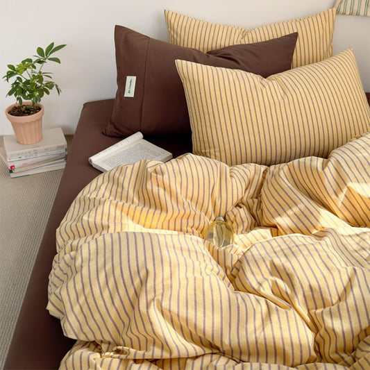 Striped Duvet Cover Queen Size Brown Stripes Yellow Bedding Set 3pcs Vertical Ticking Striped Duvet Cover Set Soft Lightweight Microfiber Quilt Cover with Zipper Closure and 2 Pillowcases