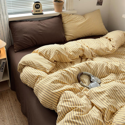 Striped Duvet Cover Queen Size Brown Stripes Yellow Bedding Set 3pcs Vertical Ticking Striped Duvet Cover Set Soft Lightweight Microfiber Quilt Cover with Zipper Closure and 2 Pillowcases