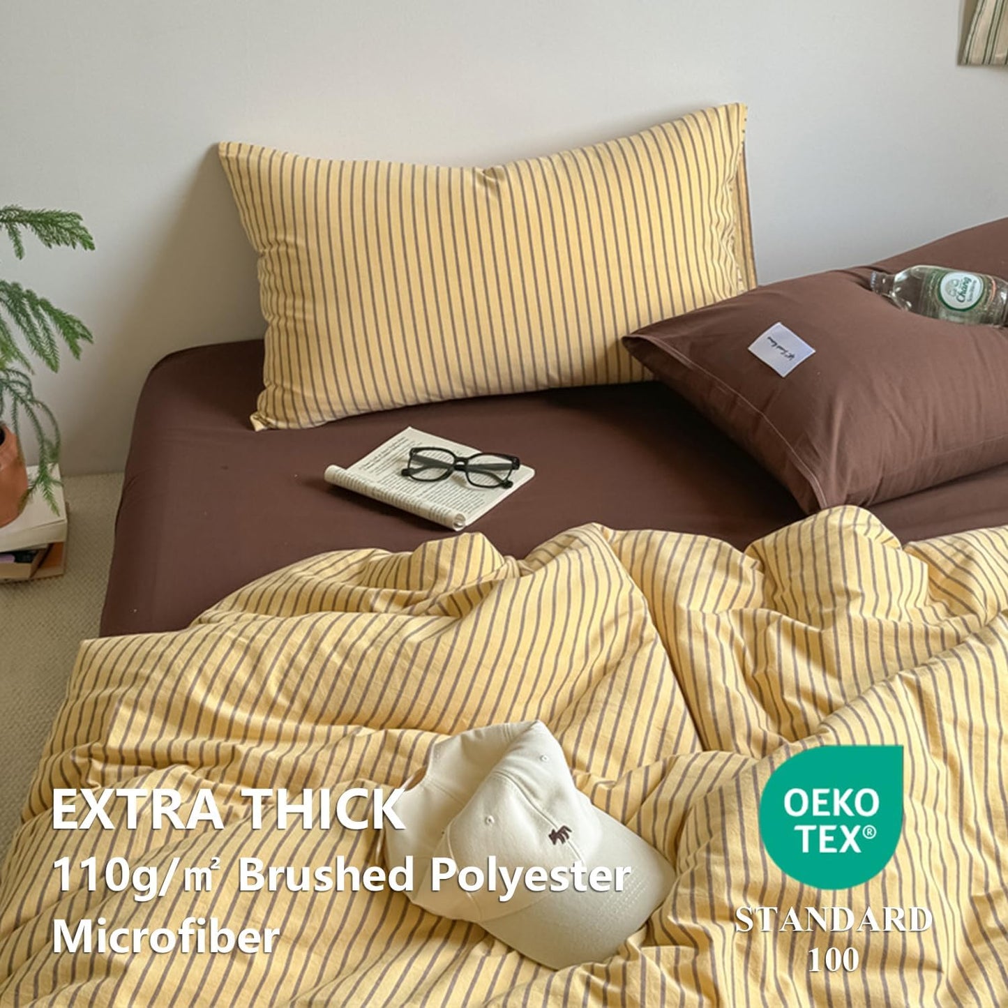 Striped Duvet Cover Queen Size Brown Stripes Yellow Bedding Set 3pcs Vertical Ticking Striped Duvet Cover Set Soft Lightweight Microfiber Quilt Cover with Zipper Closure and 2 Pillowcases