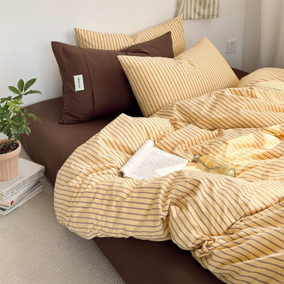 Striped Duvet Cover Queen Size Brown Stripes Yellow Bedding Set 3pcs Vertical Ticking Striped Duvet Cover Set Soft Lightweight Microfiber Quilt Cover with Zipper Closure and 2 Pillowcases