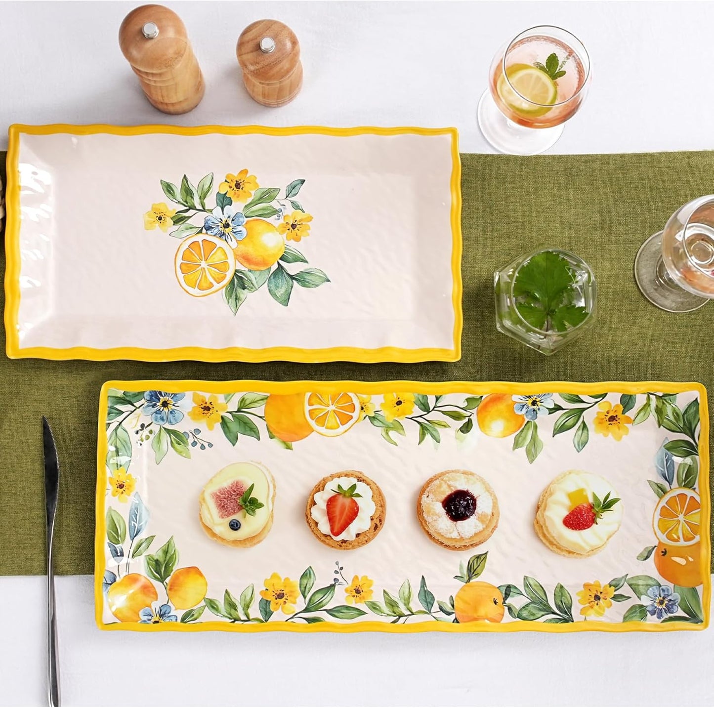 2 pcs Melamine Tray Set with Lemon Design, 19 Inch and 14.5 Inch Large Serving Plates, Unbreakable Dinnerware for RV, Camping, Party, Easy Clean