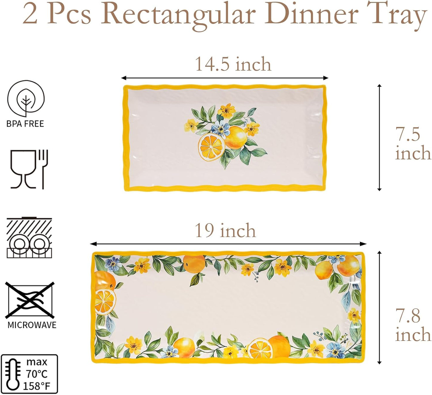 2 pcs Melamine Tray Set with Lemon Design, 19 Inch and 14.5 Inch Large Serving Plates, Unbreakable Dinnerware for RV, Camping, Party, Easy Clean