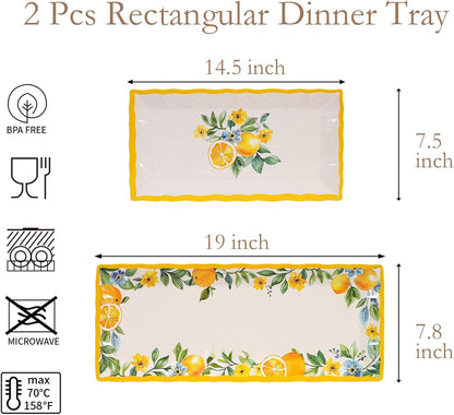 2 pcs Melamine Tray Set with Lemon Design, 19 Inch and 14.5 Inch Large Serving Plates, Unbreakable Dinnerware for RV, Camping, Party, Easy Clean