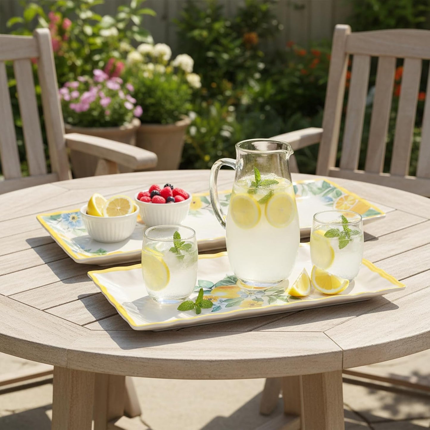 2 pcs Melamine Tray Set with Lemon Design, 19 Inch and 14.5 Inch Large Serving Plates, Unbreakable Dinnerware for RV, Camping, Party, Easy Clean