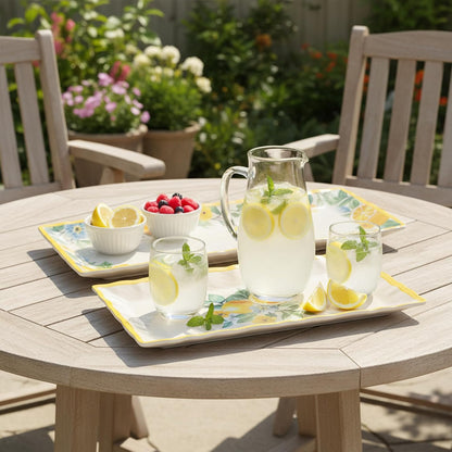2 pcs Melamine Tray Set with Lemon Design, 19 Inch and 14.5 Inch Large Serving Plates, Unbreakable Dinnerware for RV, Camping, Party, Easy Clean