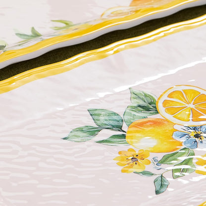 2 pcs Melamine Tray Set with Lemon Design, 19 Inch and 14.5 Inch Large Serving Plates, Unbreakable Dinnerware for RV, Camping, Party, Easy Clean