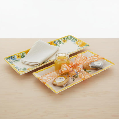 2 pcs Melamine Tray Set with Lemon Design, 19 Inch and 14.5 Inch Large Serving Plates, Unbreakable Dinnerware for RV, Camping, Party, Easy Clean