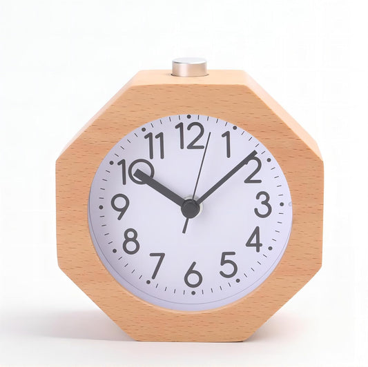 Wooden Analog Clock Light Night Snooze Function Battery Operated | Small LED Non-Ticking Quiet with Arabic Numerals for Kids Men Women Yellow