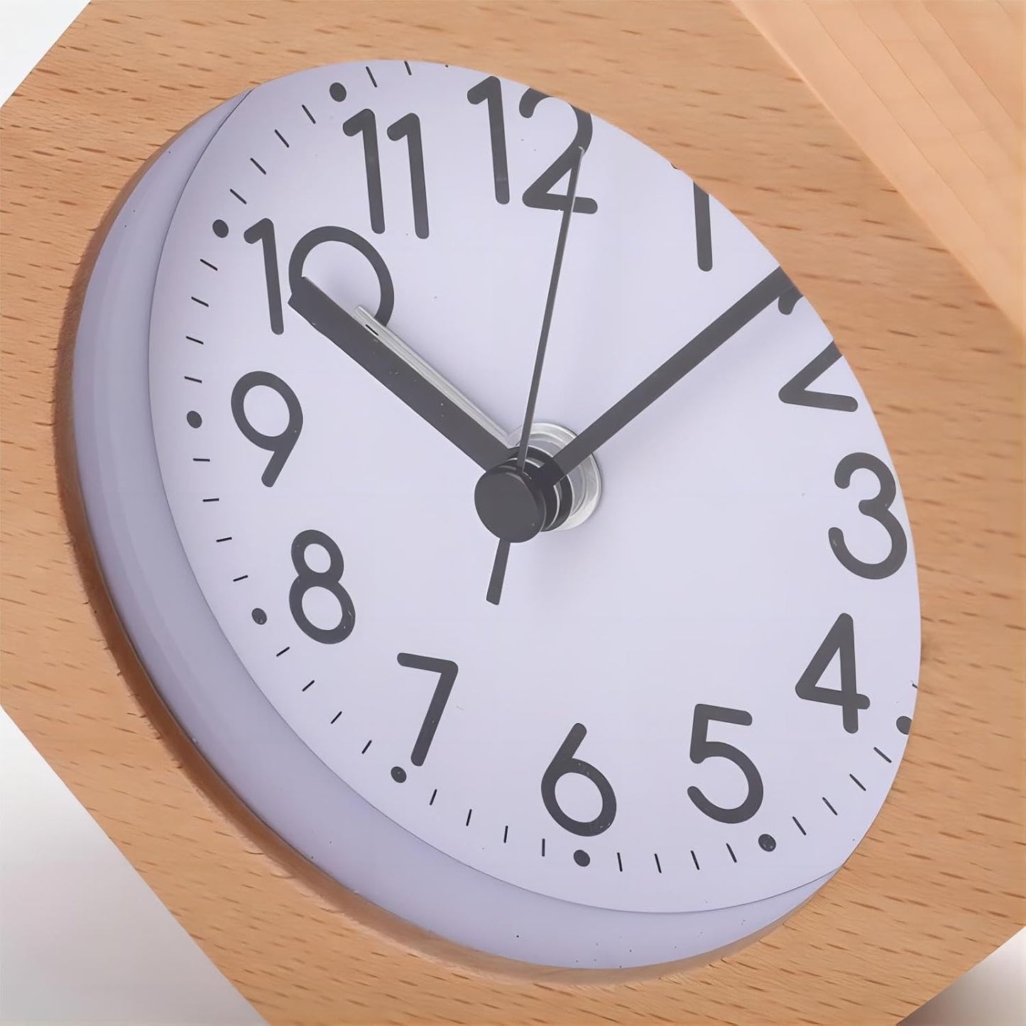 Wooden Analog Clock Light Night Snooze Function Battery Operated | Small LED Non-Ticking Quiet with Arabic Numerals for Kids Men Women Yellow