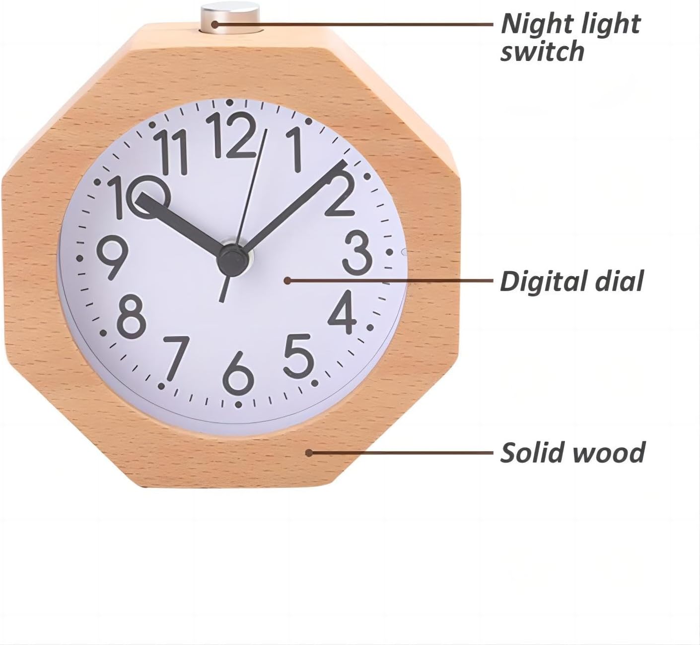 Wooden Analog Clock Light Night Snooze Function Battery Operated | Small LED Non-Ticking Quiet with Arabic Numerals for Kids Men Women Yellow