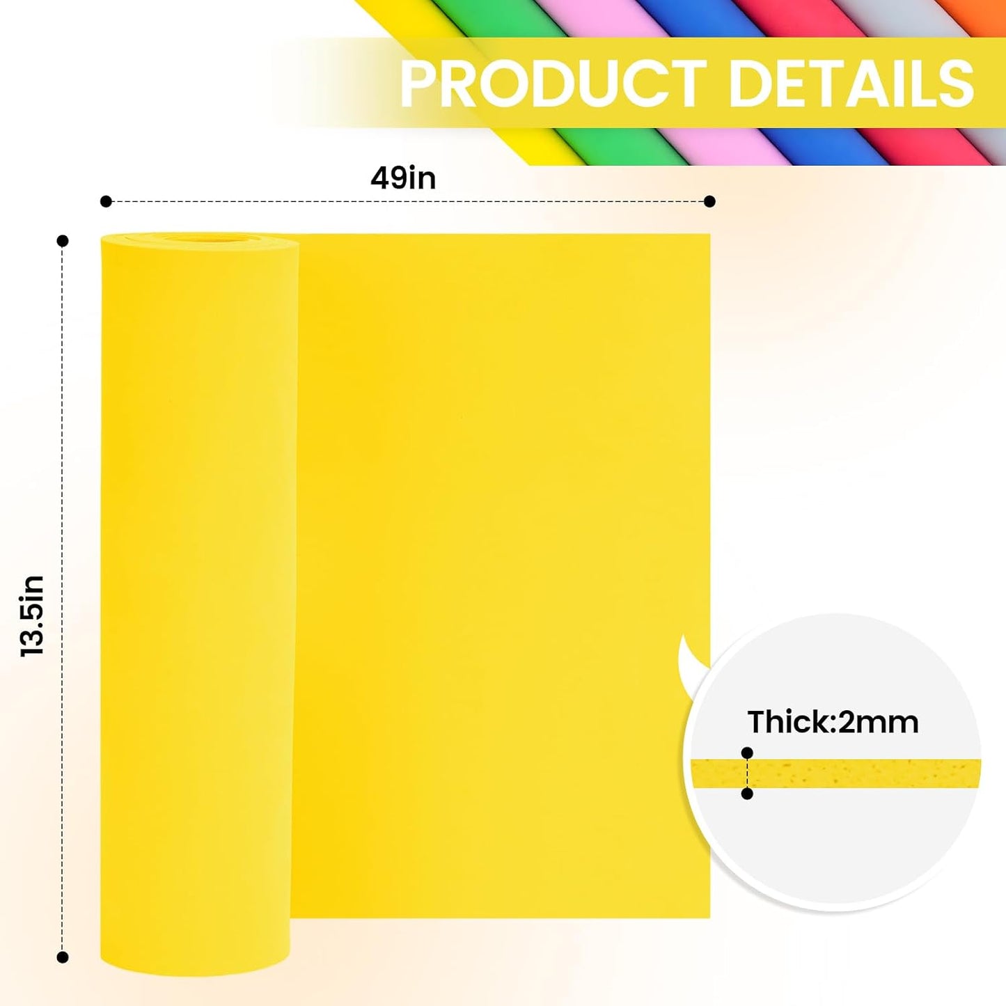 Yellow Eva Foam Sheets roll, 2mm eva Craft Foam 49''x13.5'' High Density 86kg/m3 for Cosplay