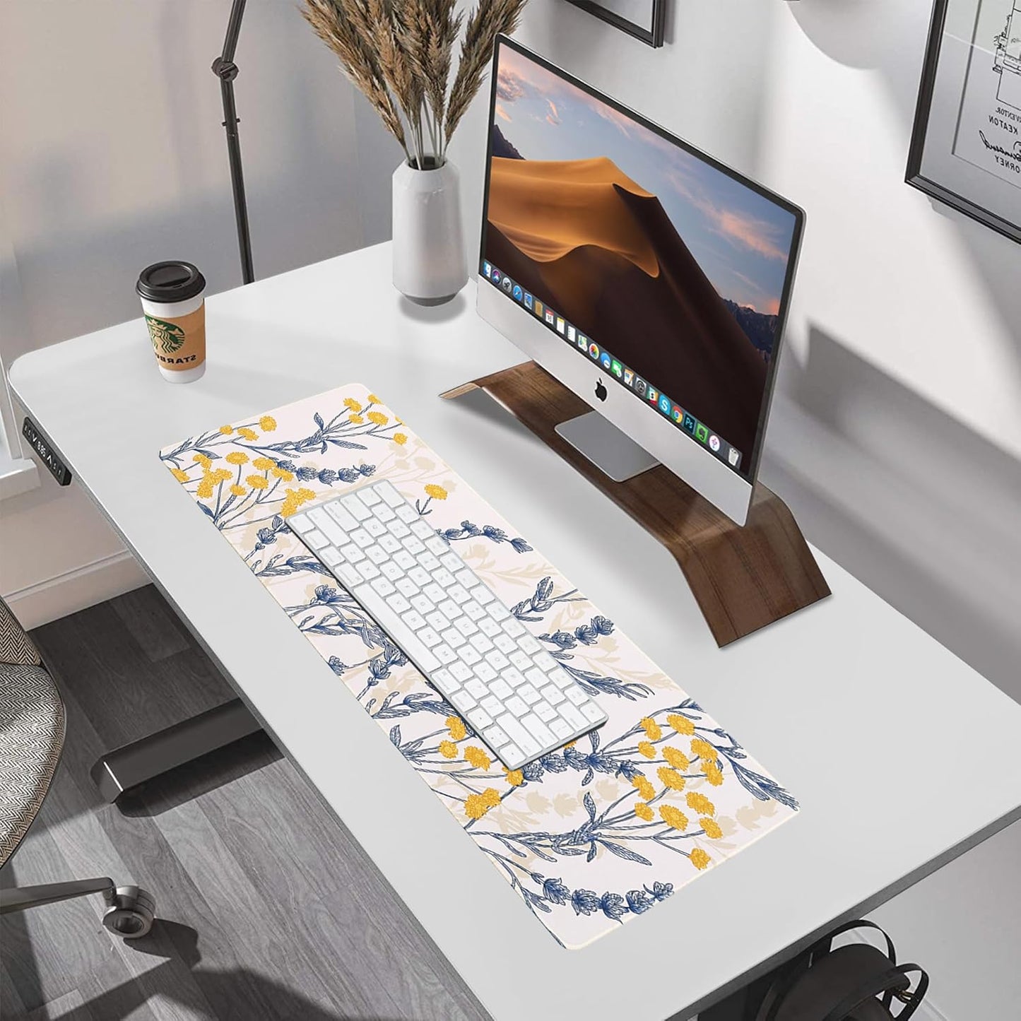 Waterproof Gaming Mousepad Large Mouse Mat Non-Slip Rubber Base | Desk pad Keyboard Desk Mat for Computer, Office Home, Yellow Flower Mat XL(31.50"x11.81"x0.12")