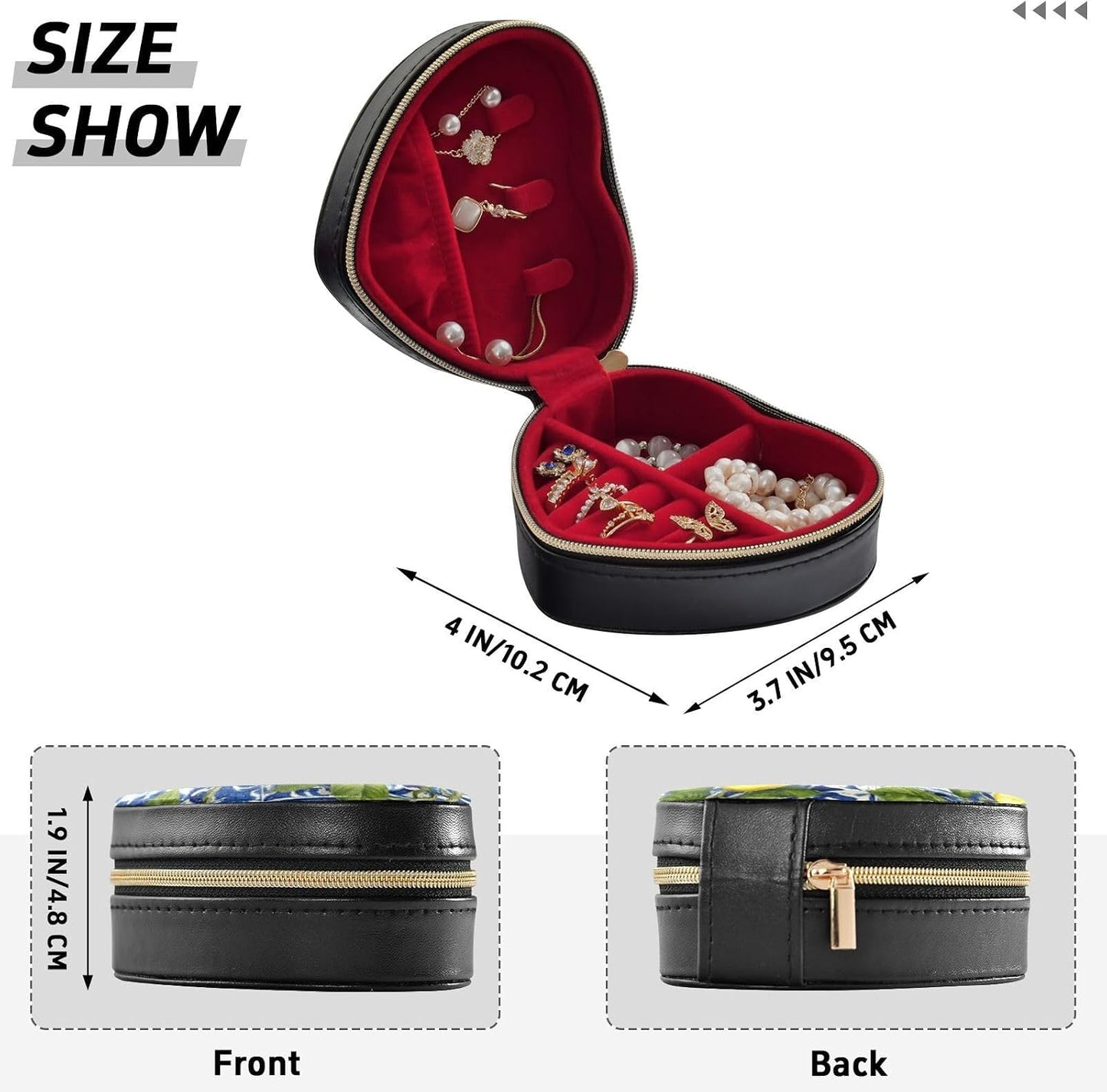 Heart-Shaped Travel Jewelry Box - Lemon Motifs Portable Organizer for Necklaces, Rings, Earrings, Bracelets | Gift Storage Case#558