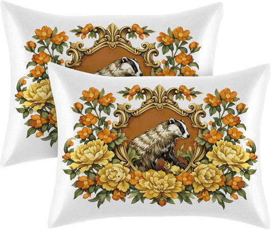 2 Pack Satin Pillowcase, Smooth Silk Pillowcase with Hidden Zipper for Hair Skin, Soft Pillow Case Pillow Covers for Sleeping Gifts for Women Standard Size 20''x26'', Yellow Peony Badger